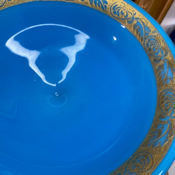 Antique Blue Compote Milk Glass About 7 Inches Tall Gold Leaves Trim Design - Picture 4 of 11